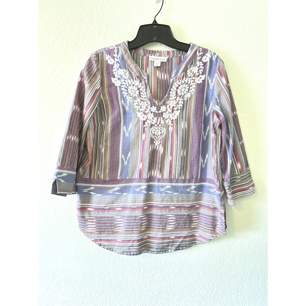 Boho Cottagecore‎ Coldwater Creek SZ PS Ikat Stripe Embroidered Cotton Tunic Top